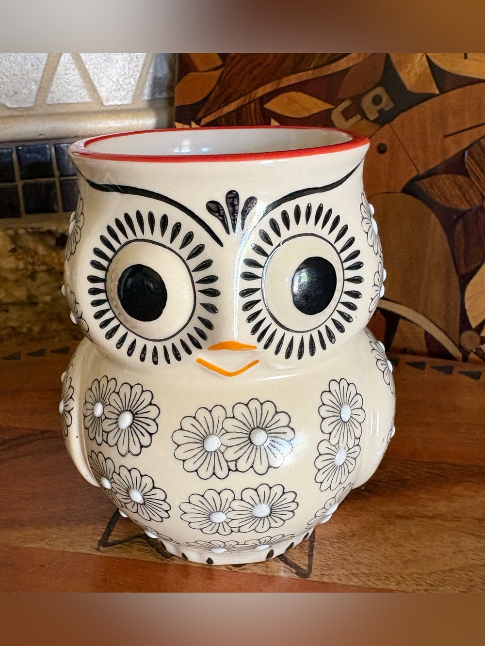 Cream Owl Ceramic Mug with Black Floral Accents